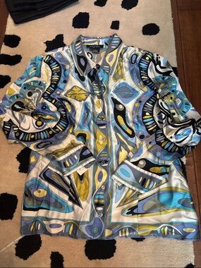 Abstract Pucci-like Print Silk Button-Up Shirt - Blue & Yellow size 14